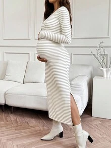 SHEIN 秋装，秋季服装，孕妇装 秋冬孕妇装 撞色条纹圆领长袖连衣裙 孕妇装 长袖孕妇装 孕妇装 条纹孕妇装 孕妇装 - 杏色 - 查看 3