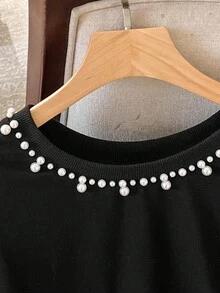 Lacomfia Damska luźna bluza z okrągłym dekoltem i długim rękawem, zdobiona perłami, swobodna, codzienna i uniwersalna, w dużych rozmiarach