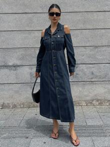 DAZY 女士休闲露肩洗水牛仔连衣裙，秋季女装