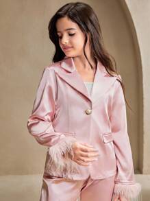 Tween Girls Fashion Lapel Single-Breasted Fuzzy Cuff Jacket Set Fall Winter - Pink - View 7
