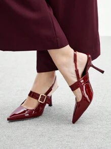 CUCCOO BIZCHIC حزام سميك معدني مع إبزيم للنساء، كعب رفيع مدبب، كعب متوسط، شخصي، مناسب للتنقل، فتاة رائعة، شارع، دراجة نارية، بانك روك، أسود لامع، جلد اصطناعي، أحذية مفتوحة الظهر ذات كعب عالي، ملابس مدونة الموضة، ملابس المكتب