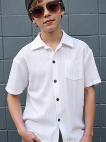 SHEIN Boys' Solid Color Minimalist Casual Short Sleeve Woven Shirt