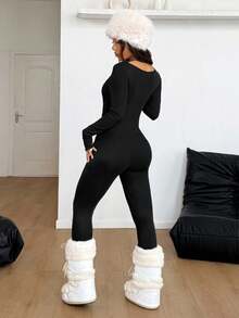 Coolane 女士冬季街头风运动休闲滑雪服，保暖/防寒/弹力舒适黑色修身长袖方领长款保暖连体衣，秋季款 - 黑色 - 查看 6