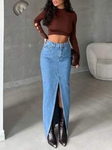 EURMUSE Split Thigh Button Front Denim Skirt - Medium Wash - View 5