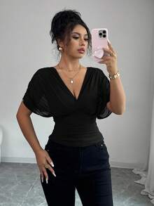 Elenzga Women's Spring/Summer Mesh Elastic Knit Lining Elegant Vacation Beach Commute Casual French Romantic Criss-Cross Shirred Gathered Shoulder Sleeve Waist Ruched Drawstring Ruffle Hem T-Shirt - Black - View 3