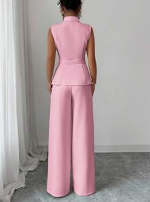 Selianne 女士优雅办公室通勤下午茶会服装，有领不对称下摆无袖西装外套，带金属腰扣装饰，搭配松紧腰长裤，两件套西装，春夏 - 粉色 - 查看 2