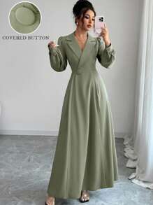 Selianne 女式束腰无袖 A 字形拉链度假波西米亚风优雅翻领连衣裙，女士优雅服装，秋冬连衣裙，外出连衣裙，秋季女装，冬季朴素女装 - 綠色 - 查看 1