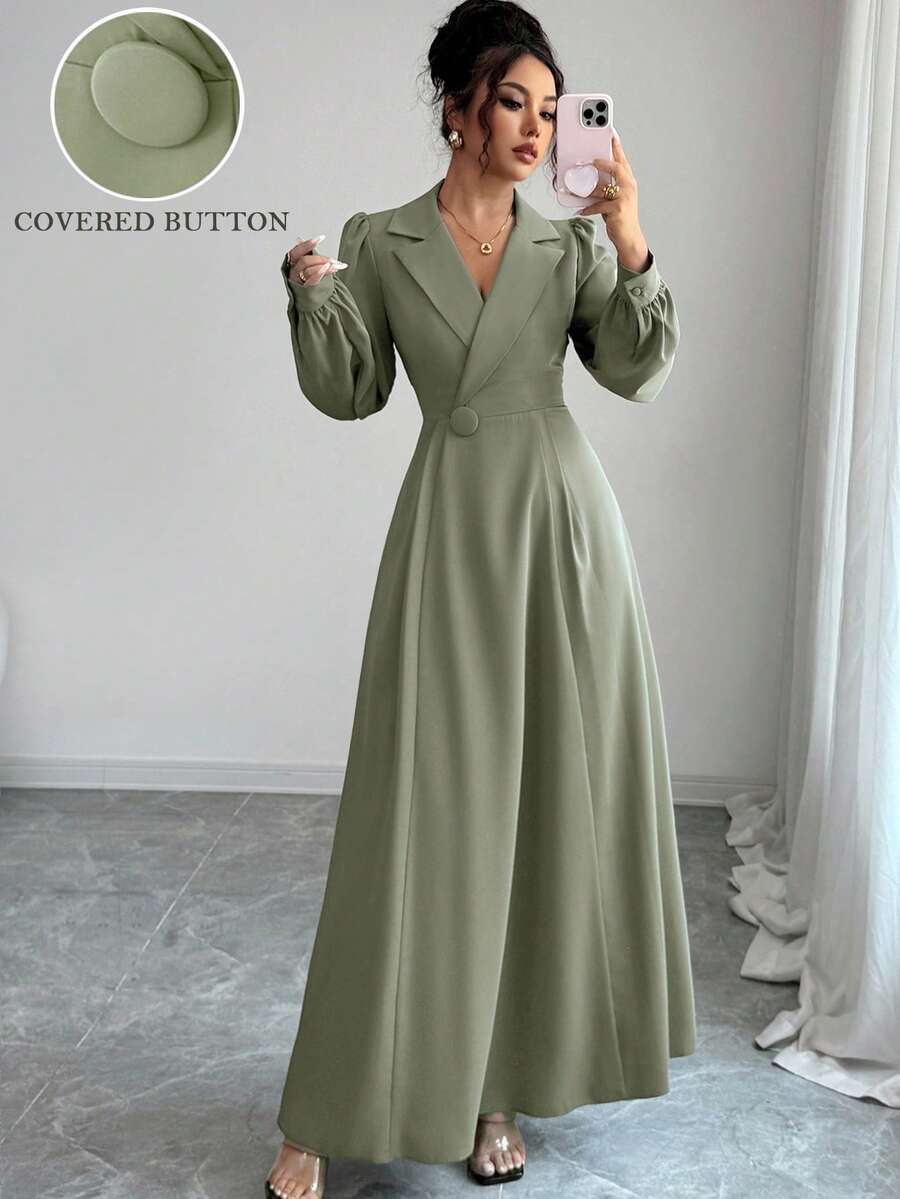 Selianne 女式束腰无袖 A 字形拉链度假波西米亚风优雅翻领连衣裙，女士优雅服装，秋冬连衣裙，外出连衣裙，秋季女装，冬季朴素女装 - 綠色 - 查看 1