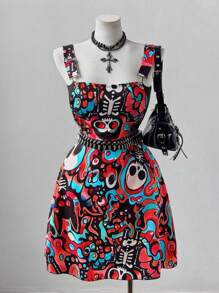 Sunspun Plus Size Colorful Skull Crossover Dress - Red - View 6