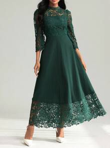 Modelyn Yellow Eyelet Embroidery Patchwork Maxi Long Sleeve Dress For Women - Dark Green - View 5