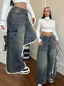 Dripcurv Plus Size Casual Loose Straight Leg Jeans, Blue Baggy Jeans Y2k Two Piece Denim Set Low Rise Jeans Cargo Jeans Wide Leg Jeans - Dark Wash - View 1