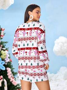 SHEIN X Care Bears 2pcs Women Christmas Cartoon Cute Bear Print Long Sleeve Top And Shorts Set Autumn Winter - Red - View 2