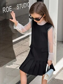SHEIN Robe blanche à manches longues en maille, plissée au bas, confortable, pour jeunes filles. Automne/Hiver - Noir - Voir 6