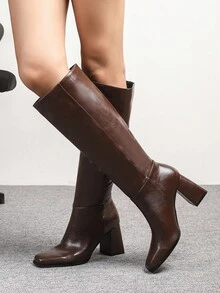 Mnmlis 性感时尚方头粗高跟休闲百搭修身及膝靴，咖啡色 - 咖啡棕 - 查看 7