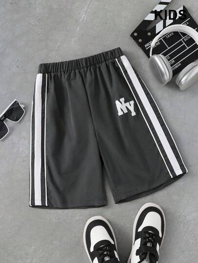PAVTROS 男童宽松运动字母图案侧条纹运动短裤