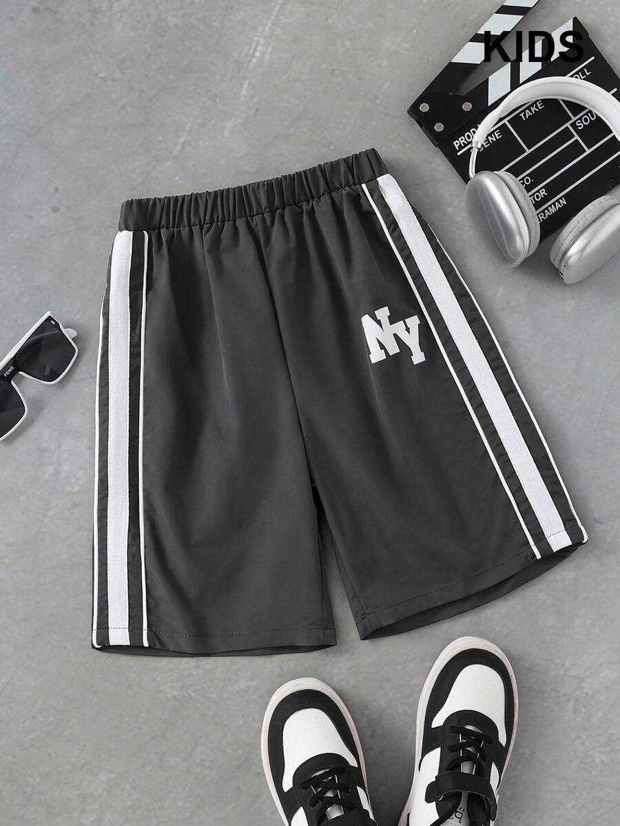 SHEIN Coolqubz 男童宽松运动字母图案侧条纹运动短裤 - 灰色 - 查看 1