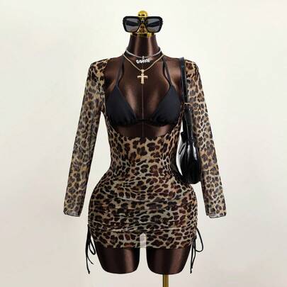 Leopard Drawstring Side Cover Up,Summer Beach
