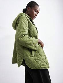 Maija Green Quilted Geometric Pattern Hooded Long Sleeve Padded Coat For Women, Autumn/Winter, With Pockets & Drop Shoulder Green Jacket Shackets For Women Oversized Jacket Quilted Jacket,Fall Clothes For Women,Christmas Women's Clothing Women's Winter Coat New Year Winter Clothes For Women Office Outfits For Women Casual Blouses For Women