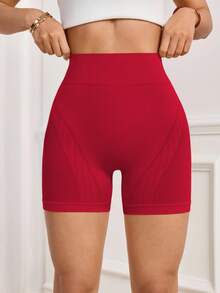 Dewbera Solid Color High Waist Seamless Elastic Sports Shorts - Red - View 4