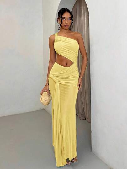 SHEIN BAE Women's Summer Green Vacation Oblique Shoulder Asymmetric Slim Sexy Hollow Sheer Dress,Butter Yellow,Summer Dresses For Women