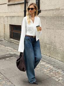 Elyressa Blusa casual da donna con scollo a V, balze floreali e maniche a campana con spacco - Bianco - Visualizzare 4