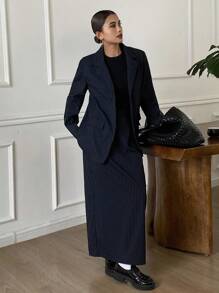 DAZY 2 件套女士商务休闲条纹翻领夹克和裙子套装，秋季 - 藏蓝色 - 查看 5