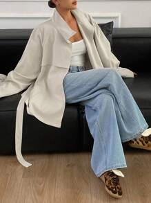 Livesso 秋冬新款宽松休闲加厚风衣女式常规外套女式大衣 - 卡其色 - 查看 6