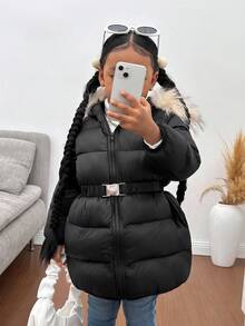 SHEIN Young Girl's Cute Versatile Thermal-Lined Black Padded Coat, Suitable For Autumn/Winter Fall - Black - View 5
