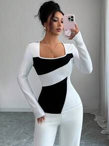 Elenzga Women's Knitted Snake Rib Fabric Square Collar Color Block Design Casual Elegant T-Shirt, Suitable For Commuting, Home, And Daily Wear In Autumn Fall Cloth For Women