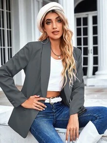EURMUSE Shawl Collar Single Button Blazer Workwear  - Grey - View 3