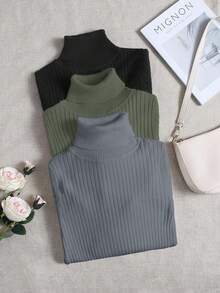 EURMUSE 3pcs Turtle Neck Ribbed Knit Sweater,Jumper,Jumpers For Women,Cream Jumper,Jumpers,Christmas Jumper,White Jumper,Black Jumper,Ladies Jumper,Tall In Women,Women's Jumpers - Multicolor - View 1