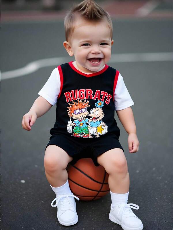 Nick 90s | SHEIN Pelele de niño bebé con estampado de dibujos animados, de manga corta, diseño casual y lindo