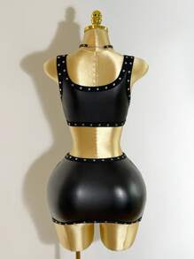 Mistrie 女士新款无袖性感方领吊带背心裙，饰有铆钉刺绣设计，低腰露肩迷你蓬蓬裙，搭配PU皮革套装，朋克风街头服饰，万圣节节日女装套装。 - 黑色 - 查看 2