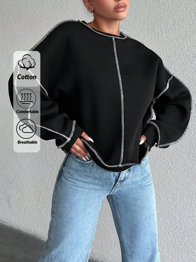 EURMUSE Plus Size 95% Cotton Plus Size Round Neck Sweatshirt With Exposed Seams And Long Sleeves