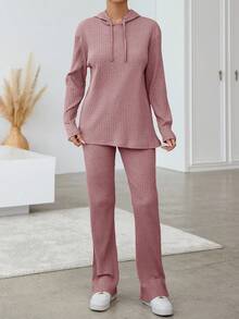 SHEIN Cottnline Women's Hooded Drawstring T-shirt And Pants Set - Dusty Pink - View 4