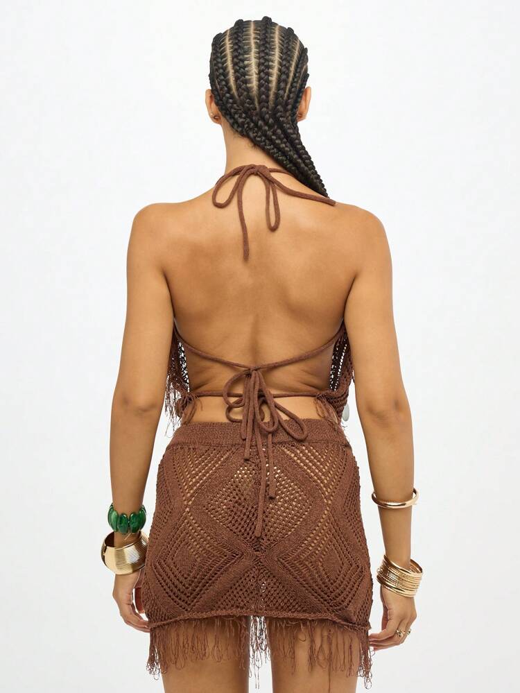 SUMWON WOMEN Crochet Knit Halter Top With Metallic Discs And Fringe