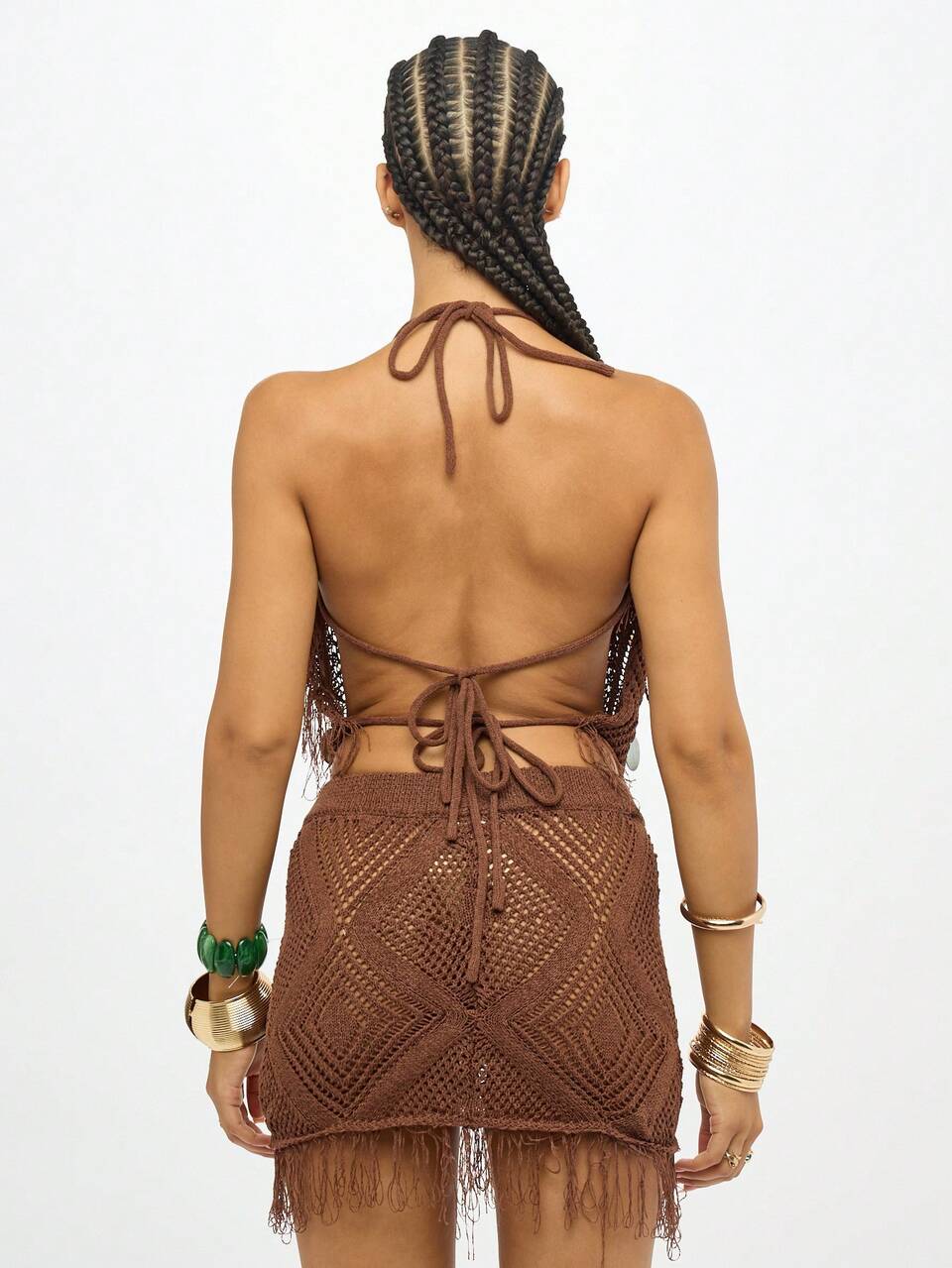 SUMWON WOMEN Crochet Knit Halter Top With Metallic Discs And Fringe