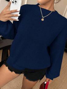 Elenzga Áo len chui đầu cổ tròn tay dài dáng rộng, dáng rộng cỡ lớn dành cho nữ, mùa thu/đông - Màu xanh hải quân - Xem 5