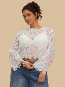 SHEIN VCAY Plus Size White Summer Boho Tea Party Mesh Embroidered Round Neck Long Sleeve Cropped Women Top Lace Blouse Sheer Civil Wedding Vacay Tops - White - View 6