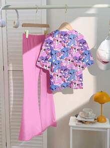 SHEIN Leap Crew 2件套可爱卡通蓝色兔子露露，缝线图案少女休闲简约短袖圆领T恤和喇叭裤套装，夏季 - 彩色 - 查看 2