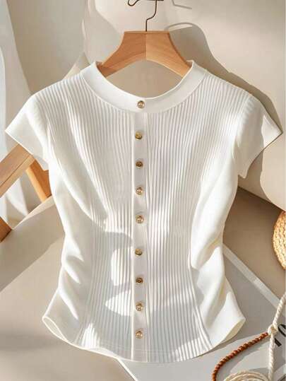 GlowEve Women's Plain Crewneck Short Sleeve Ribbed Knit Top