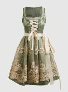 SHEIN Frenchy 2025 新款啤酒节 Dirndl 巴伐利亚啤酒节传统服装绿色连衣裙女士蕾丝连衣裙啤酒节 Dirndl 花卉刺绣网眼下摆无袖优雅连衣裙，时尚秋季必备单品！女士优雅纯色蕾丝拼接迷你连衣裙，适合啤酒节、下午茶等场合，女士复古刺绣网眼撞色无袖连衣裙女士复古方领系带腰连衣裙 - 綠色 - 查看 8