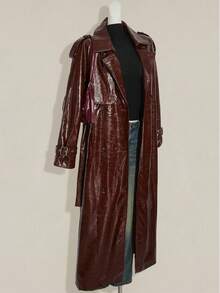 SHEIN ICON 女式纯色长袖 PU 皮夹克 - 酒紅色 - 查看 1