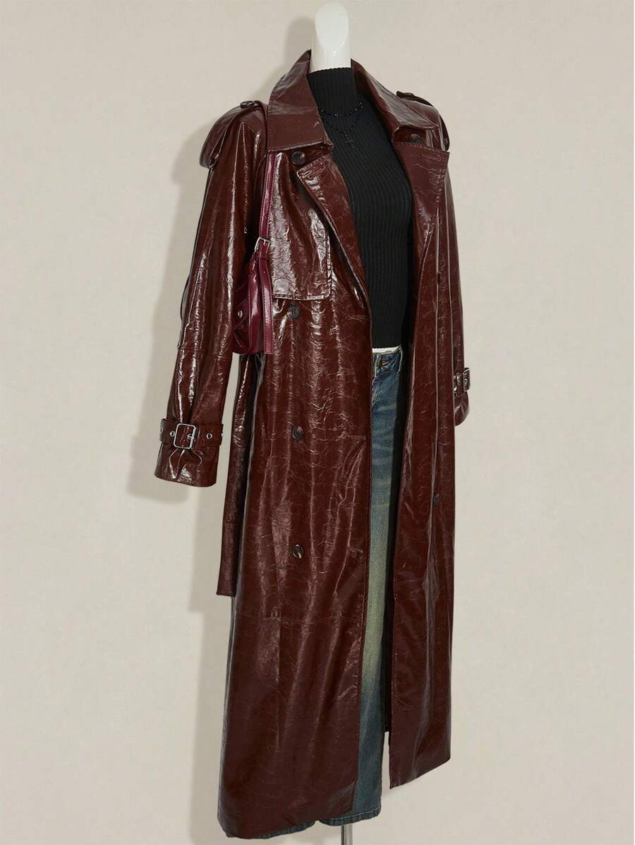 SHEIN ICON 女式纯色长袖 PU 皮夹克 - 酒紅色 - 查看 1