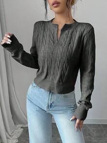 EURMUSE 女士纯色简约短款长袖毛衣，日常穿着 - 深灰色 - 查看 3