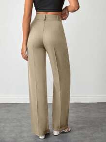 EURMUSE Women Solid Color Slant Pocket Wide Leg Pants - Beige - View 2