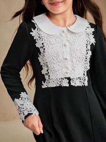 Tween Girls' Colorblock Patchwork Long Sleeve Dress Wedding, Party,Prom, Birthday,Halloween,Graduation - Black and White - View 4