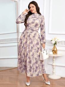 Modelyn Plus Size Women's Elegant Printed Ruffle Dress - Multicolor - View 6