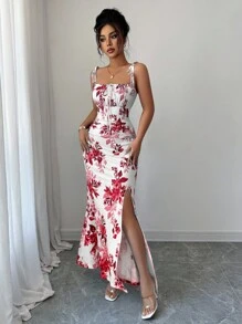 SHEIN Elenzya Váy thiết kế xẻ tà, thắt nơ eo, dây mảnh dành cho nữ mới, đa năng cho các buổi hẹn hò, tiệc tùng, mặc hàng ngày, tôn dáng và thanh lịch - Đỏ - Xem 7