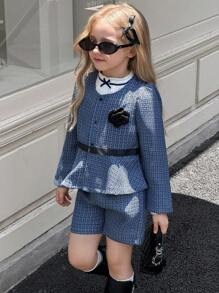 Elladie kids 2 件套年轻女孩优雅拼色泡泡袖花卉提花拼接荷叶边下摆夹克和短裤套装，适合春秋季 - 黑與白 - 查看 5